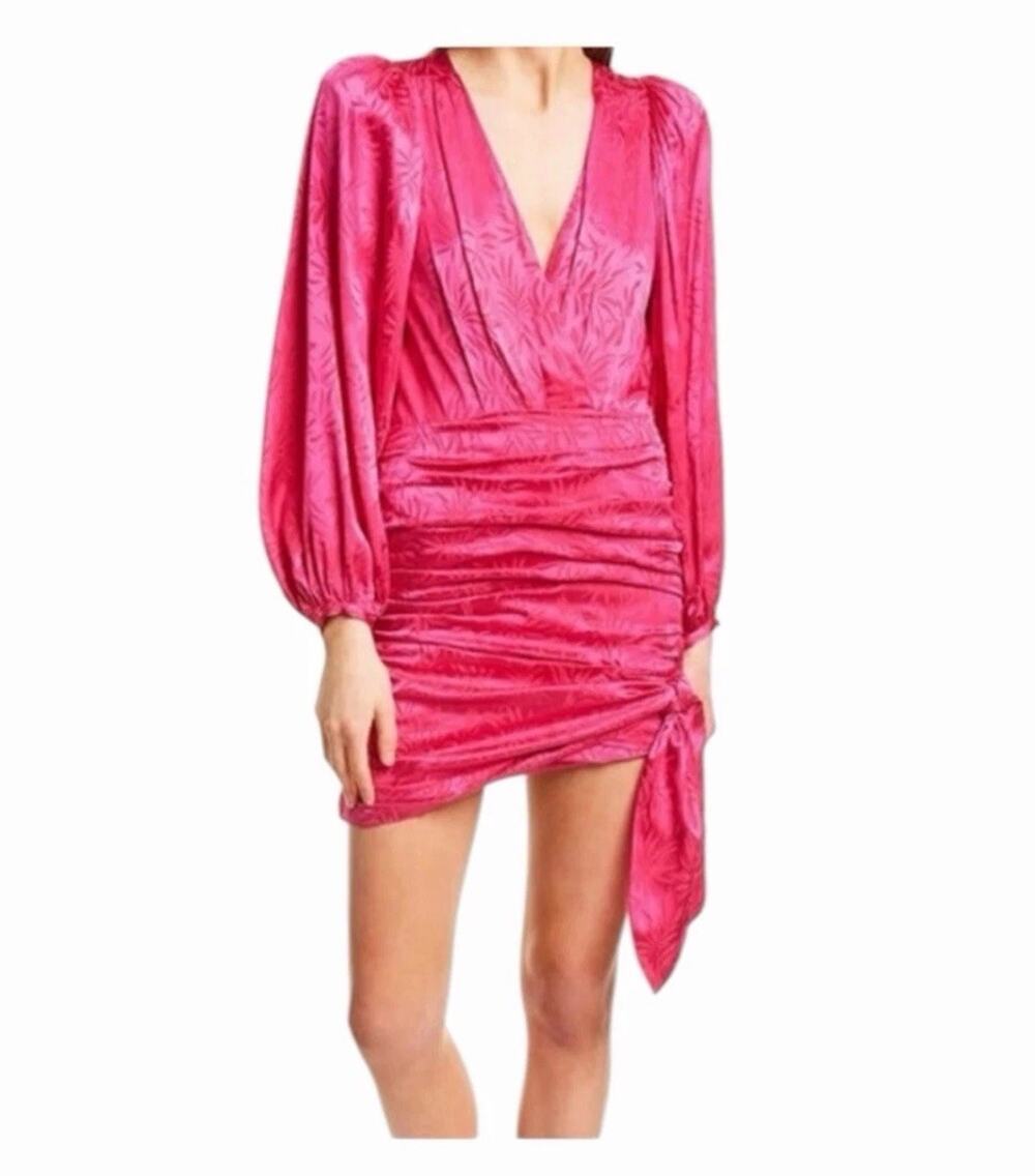 Ronny Kobo Giorgia Dress Fuchsia Satin Ruched Mini Long Sleeve Party NWT Small